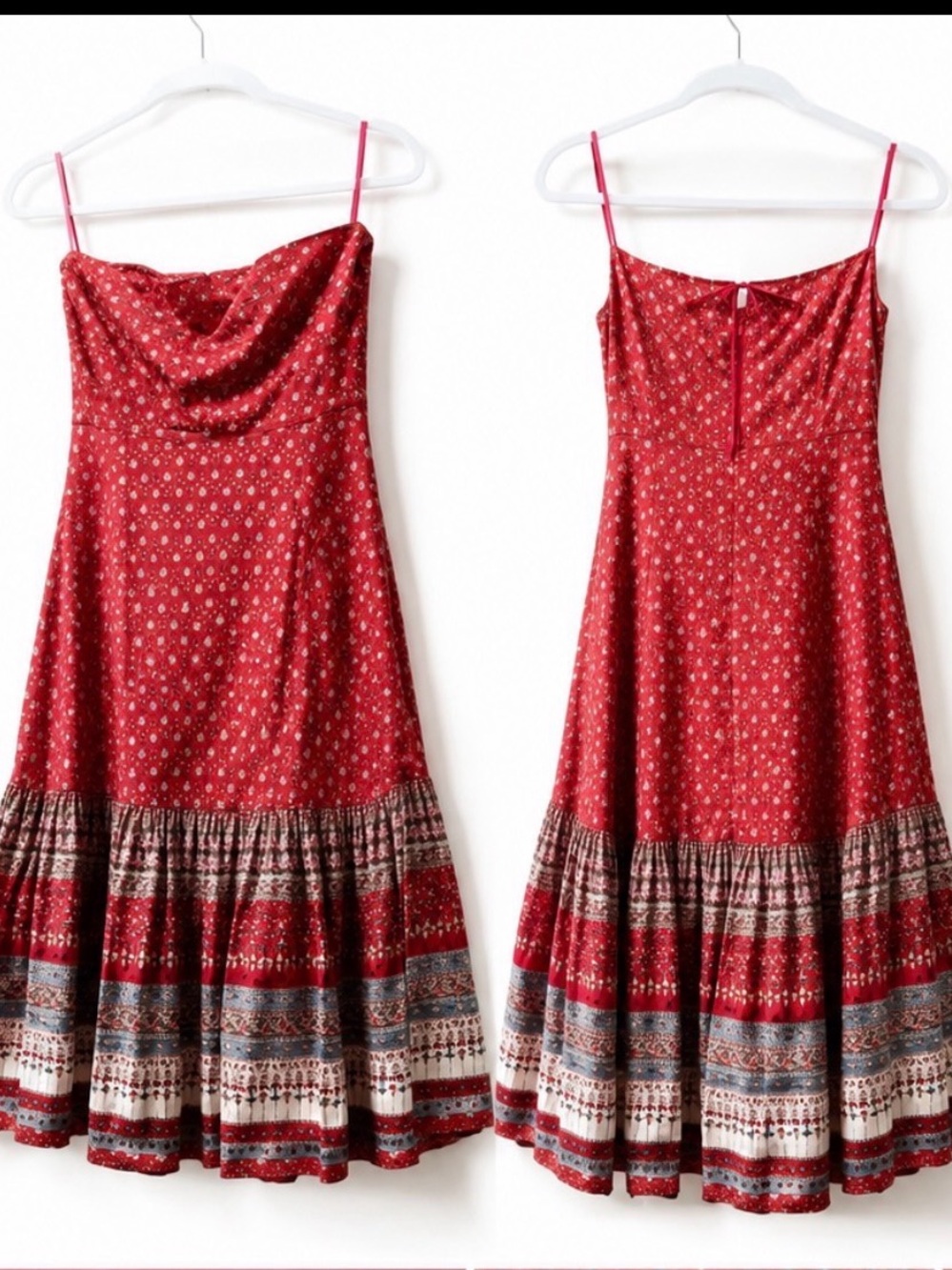 Banana Republic Red Printed Strapless Midi Dress with Tiered Border